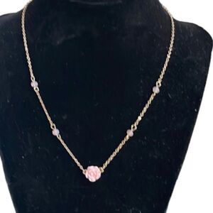 NWT Guess gold tone dainty pink flower 14”+2” long
